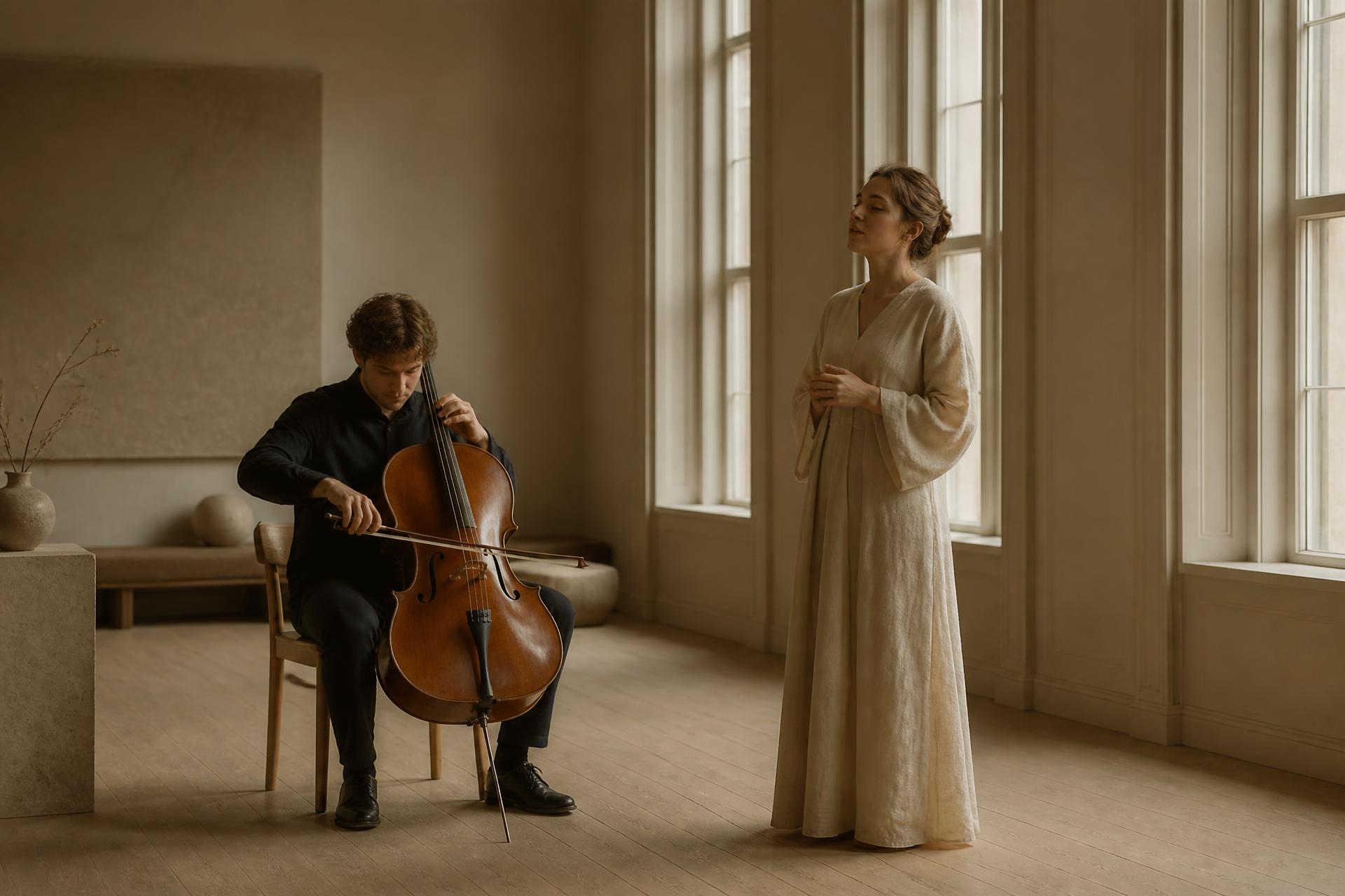 Cellist och sångerska framför levande musik i en ljus sal